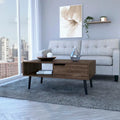Table basse, un tiroir, une étagère ouverte, quatre pieds, finition noyer foncé