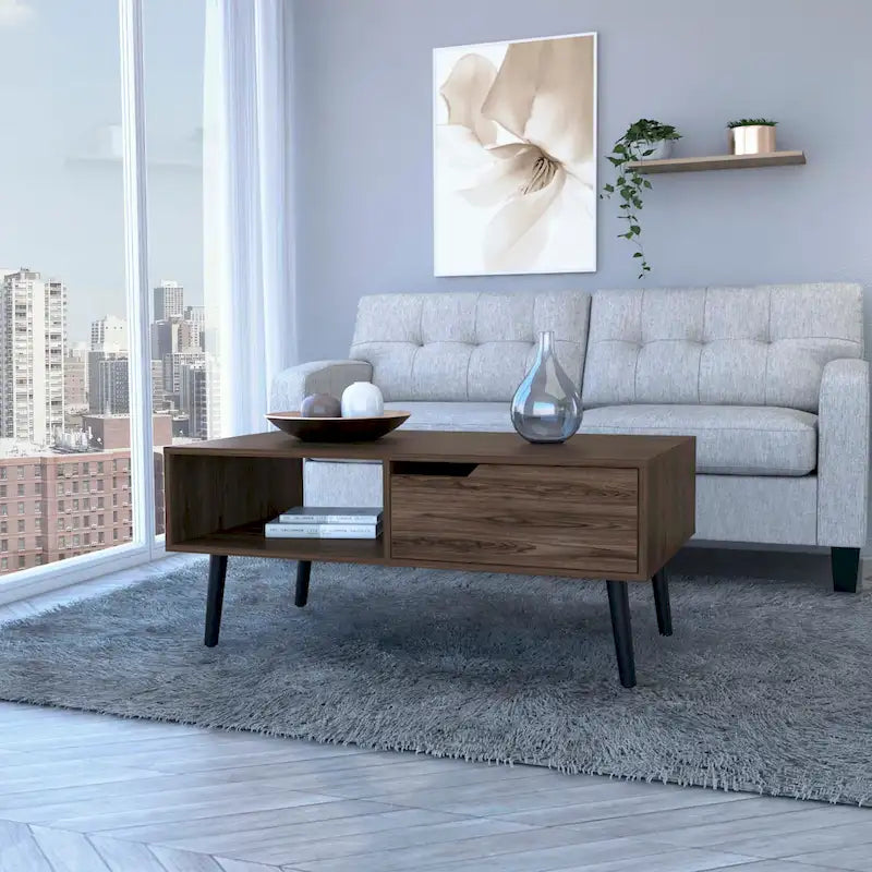 Table basse, un tiroir, une étagère ouverte, quatre pieds, finition noyer foncé