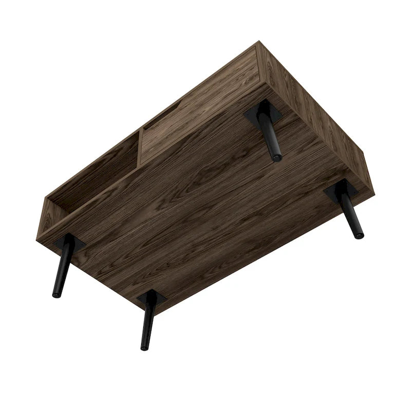 Table basse, un tiroir, une étagère ouverte, quatre pieds, finition noyer foncé