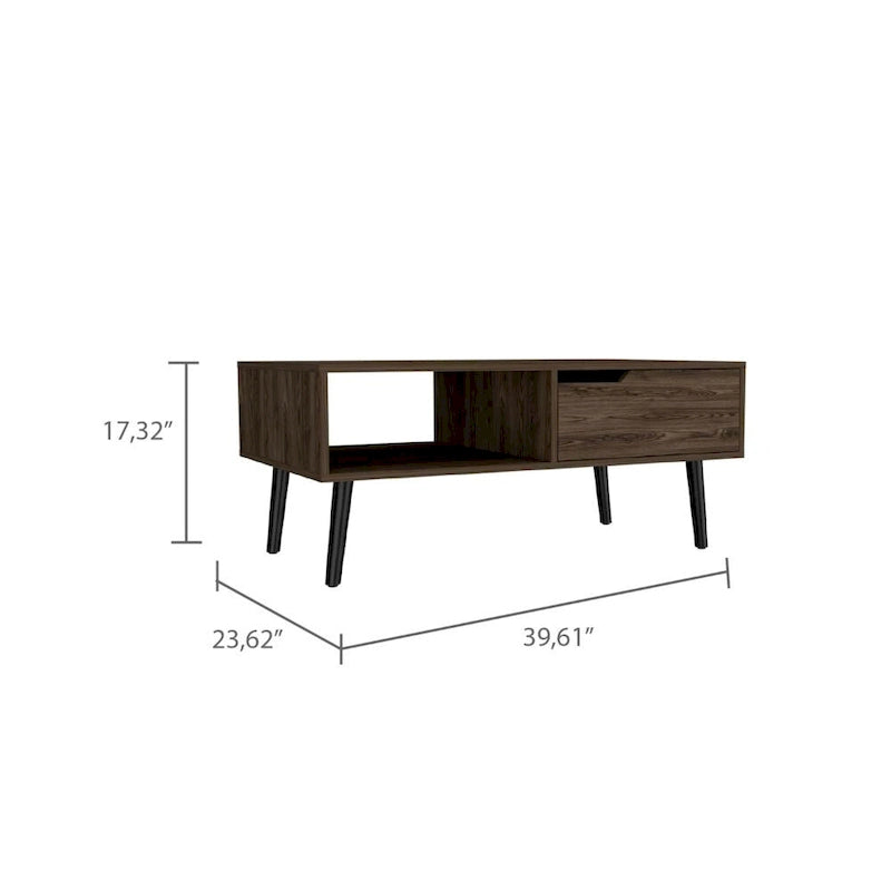 Table basse, un tiroir, une étagère ouverte, quatre pieds, finition noyer foncé