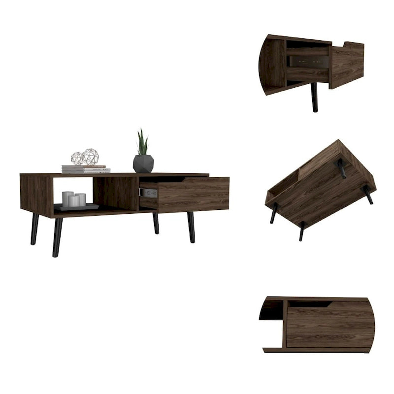 Table basse, un tiroir, une étagère ouverte, quatre pieds, finition noyer foncé
