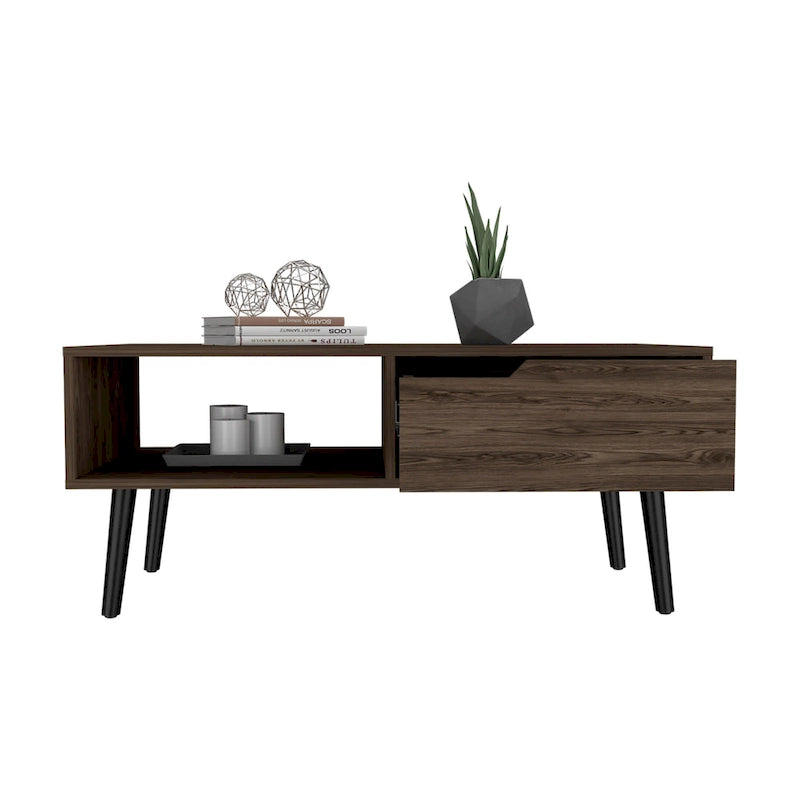 Table basse, un tiroir, une étagère ouverte, quatre pieds, finition noyer foncé