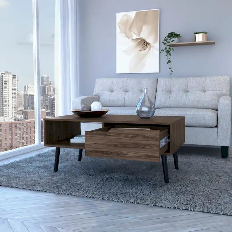 Table basse, un tiroir, une étagère ouverte, quatre pieds, finition noyer foncé