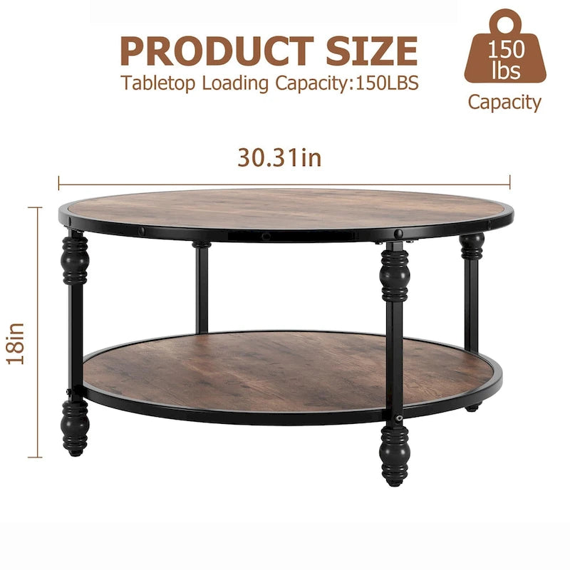 Table basse ronde rustique avec étagère de rangement