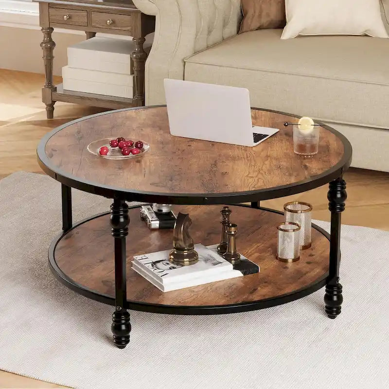 Table basse ronde rustique avec étagère de rangement