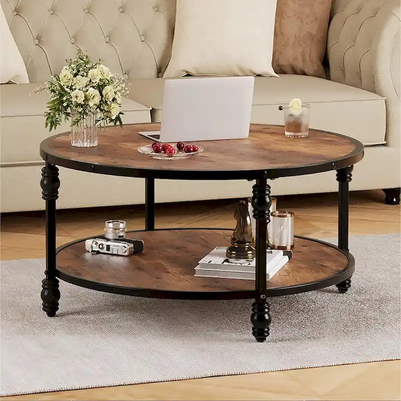 Table basse ronde rustique avec étagère de rangement