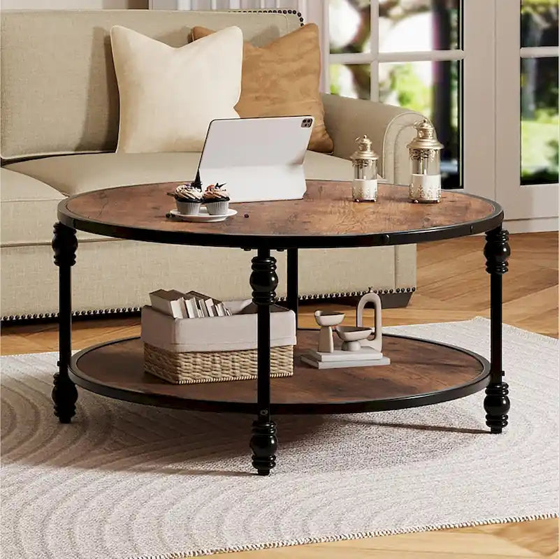 Table basse ronde rustique avec étagère de rangement