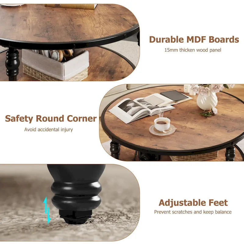 Table basse ronde rustique avec étagère de rangement