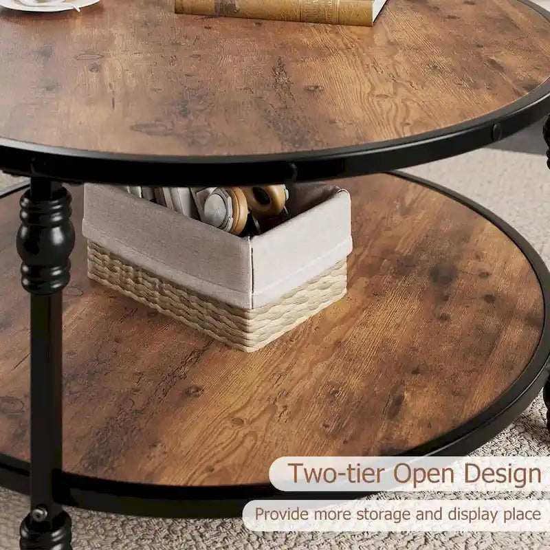Table basse ronde rustique avec étagère de rangement