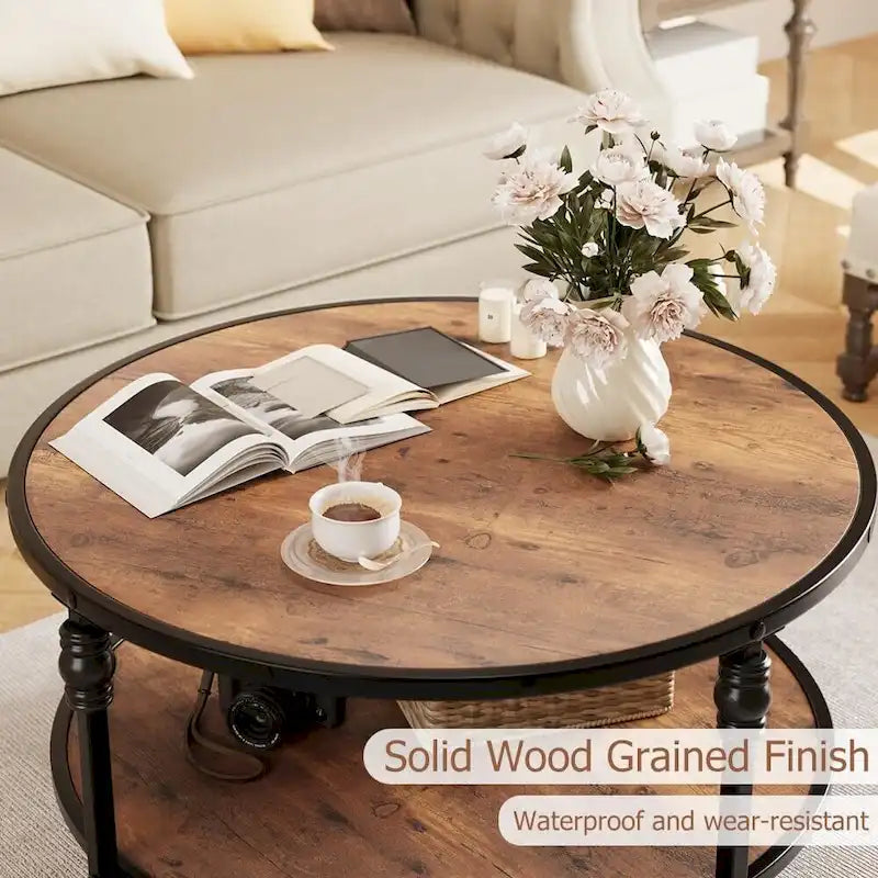 Table basse ronde rustique avec étagère de rangement