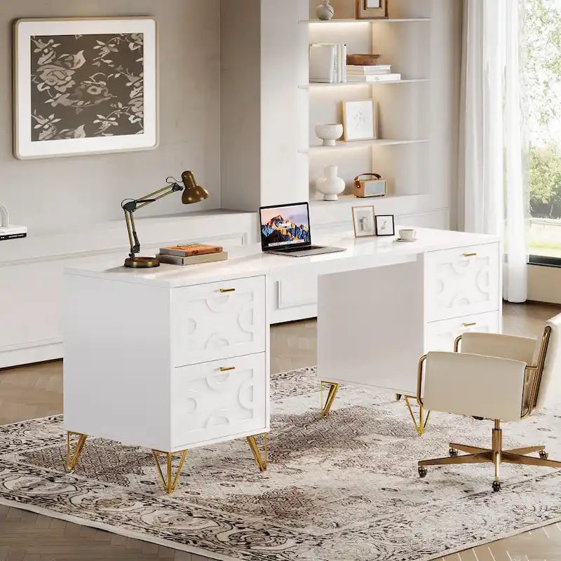 Bureau d'ordinateur blanc avec tiroirs de classement, bureau moderne de 59 po pour la maison et le bureau
