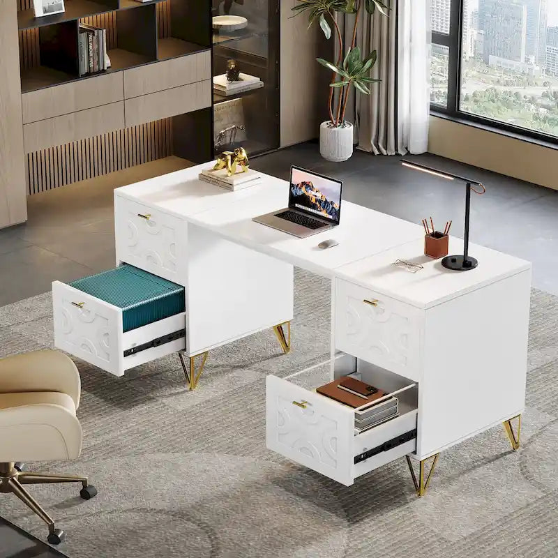 Bureau d'ordinateur blanc avec tiroirs de classement, bureau moderne de 59 po pour la maison et le bureau