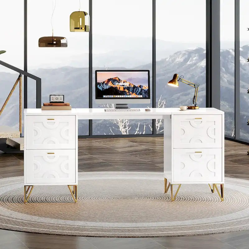 Bureau d'ordinateur blanc avec tiroirs de classement, bureau moderne de 59 po pour la maison et le bureau