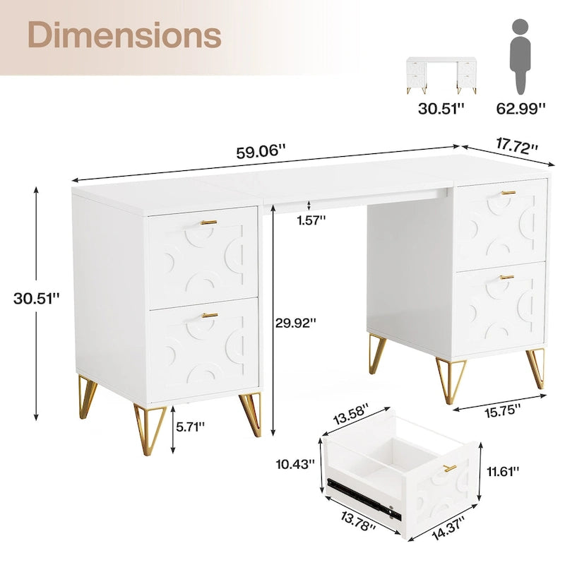 Bureau d'ordinateur blanc avec tiroirs de classement, bureau moderne de 59 po pour la maison et le bureau