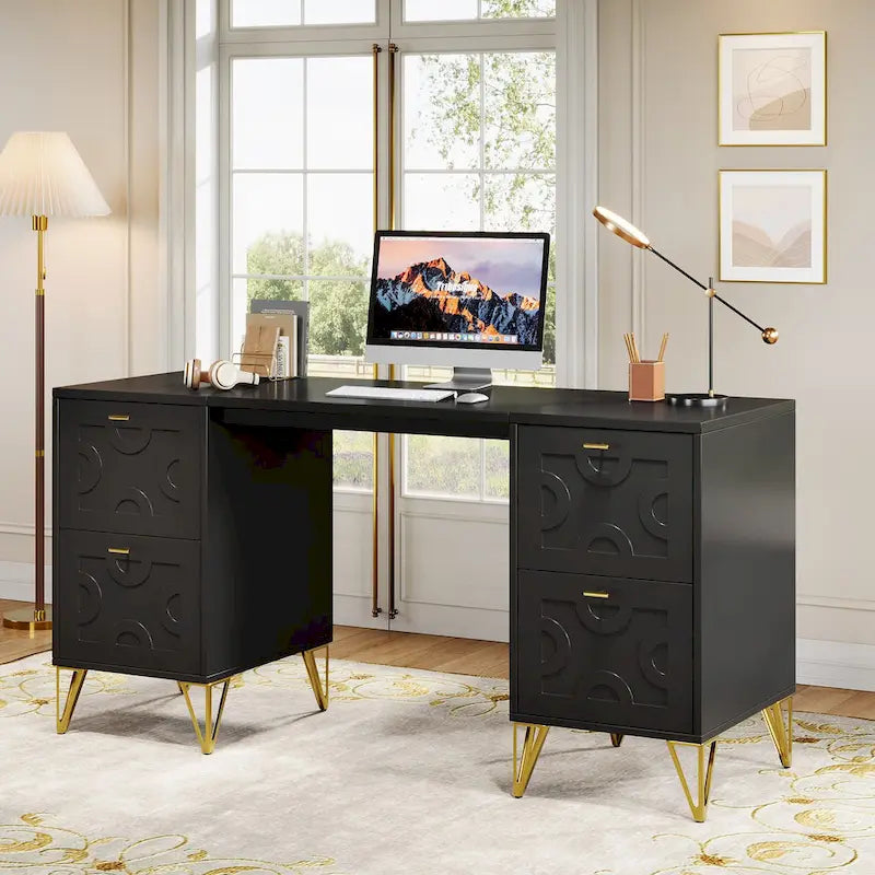 Bureau d'ordinateur blanc avec tiroirs de classement, bureau moderne de 59 po pour la maison et le bureau