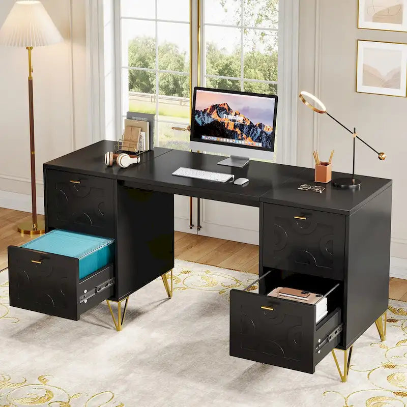 Bureau d'ordinateur blanc avec tiroirs de classement, bureau moderne de 59 po pour la maison et le bureau