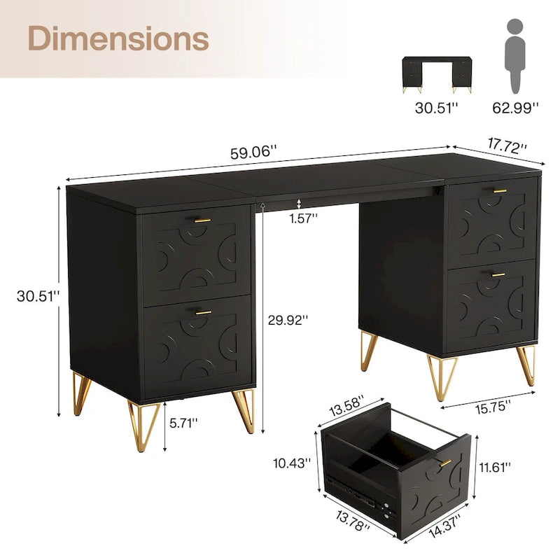 Bureau d'ordinateur blanc avec tiroirs de classement, bureau moderne de 59 po pour la maison et le bureau