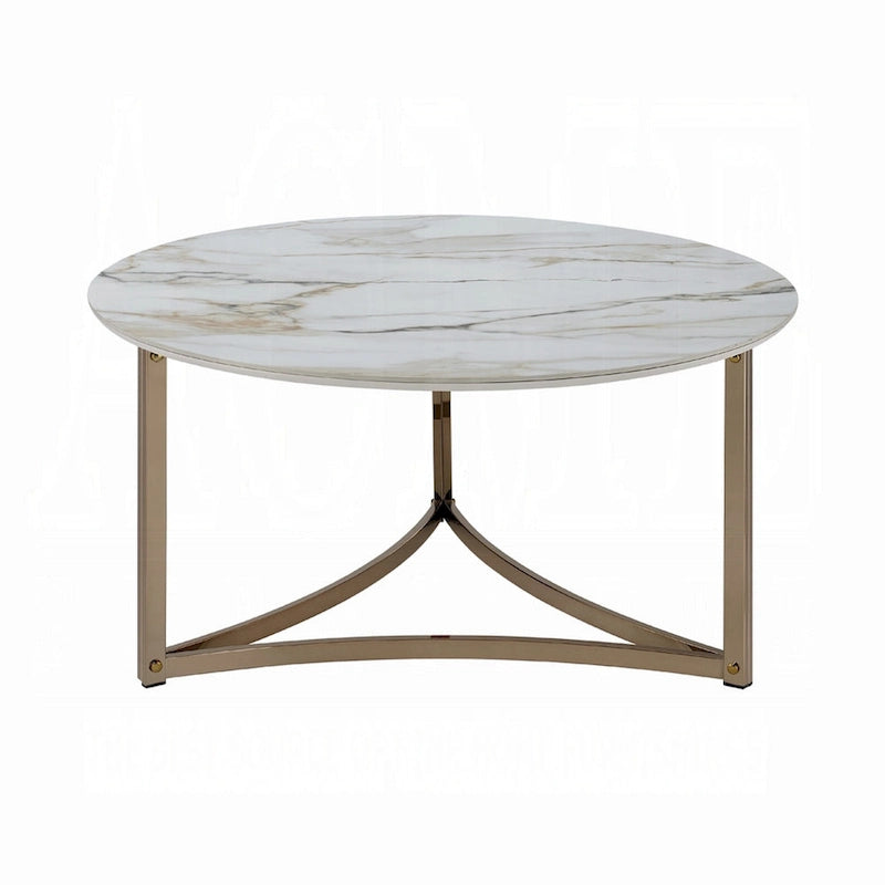 Table basse ronde en pierre frittée de 35 pouces, blanche et dorée