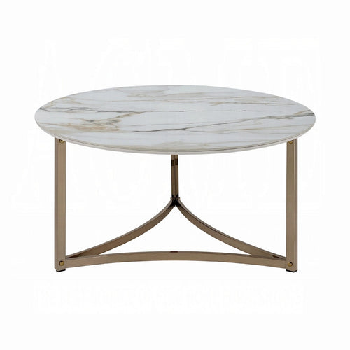 Table basse ronde en pierre frittée de 35 pouces, blanche et dorée