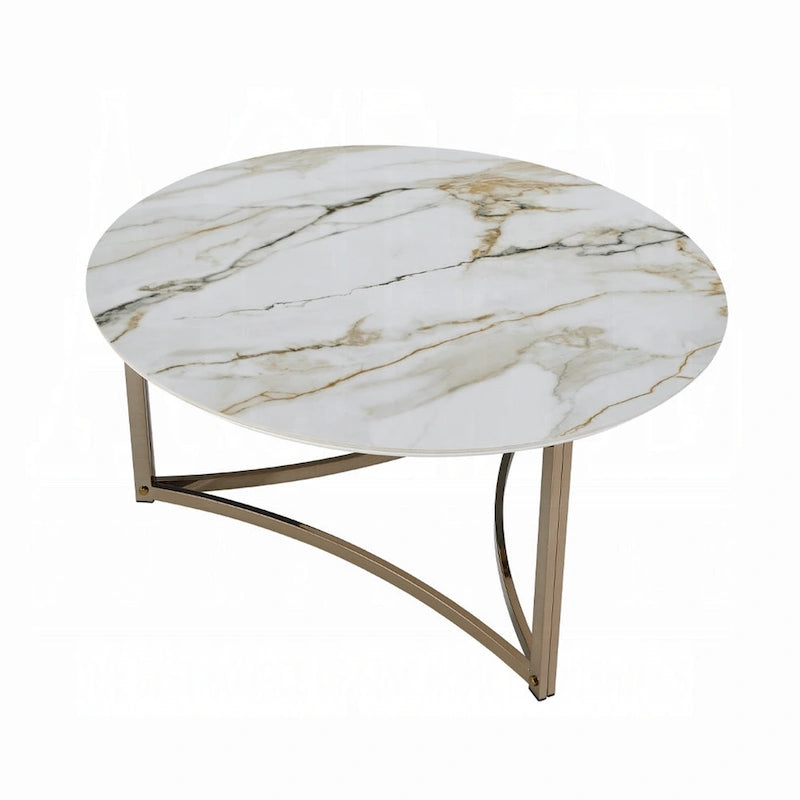 Table basse ronde en pierre frittée de 35 pouces, blanche et dorée