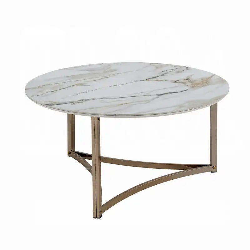 Table basse ronde en pierre frittée de 35 pouces, blanche et dorée