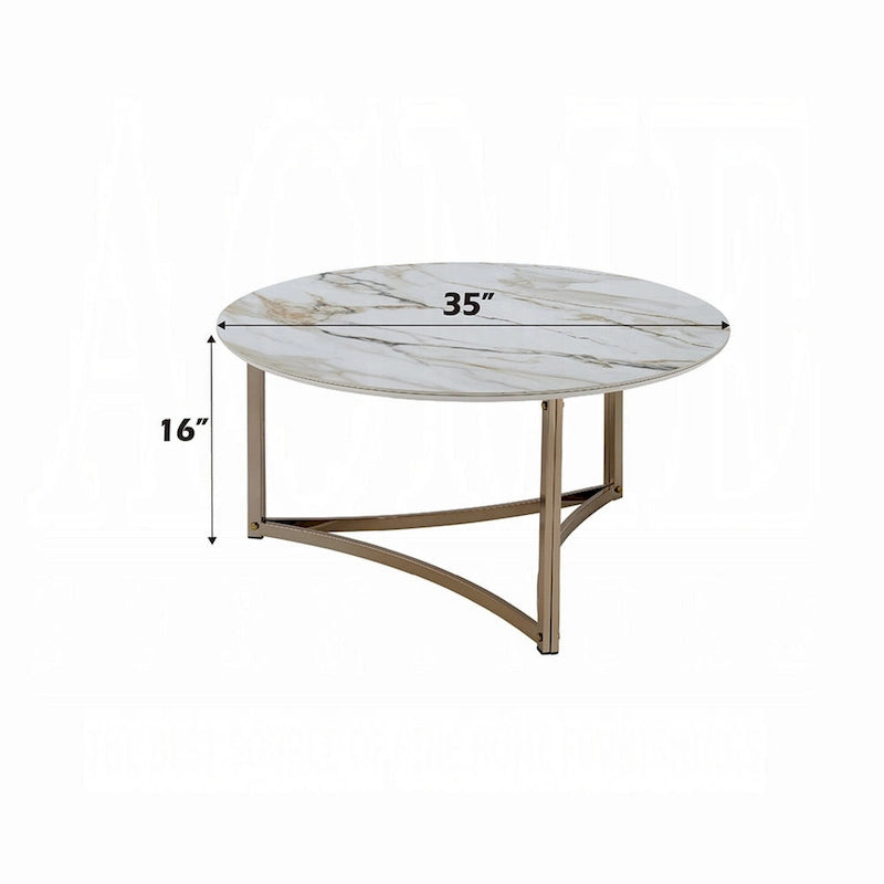 Table basse ronde en pierre frittée de 35 pouces, blanche et dorée