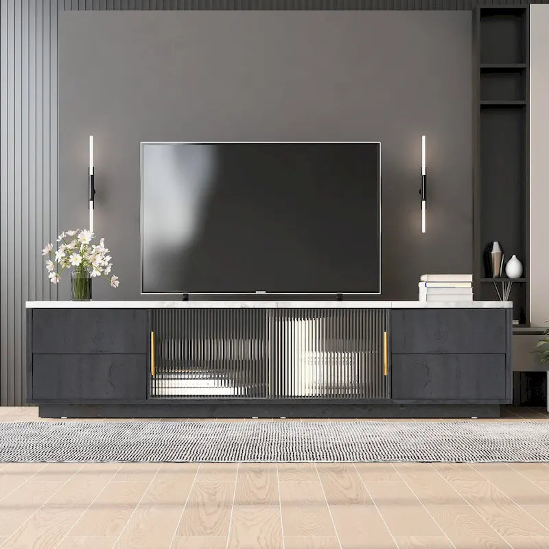 Meuble TV noir et blanc de 160 cm avec 4 tiroirs et grand placard pour téléviseurs jusqu'à 70 pouces
