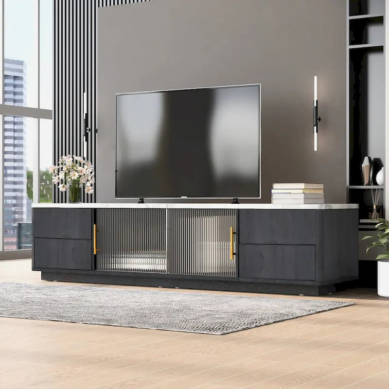 Meuble TV noir et blanc de 160 cm avec 4 tiroirs et grand placard pour téléviseurs jusqu'à 70 pouces