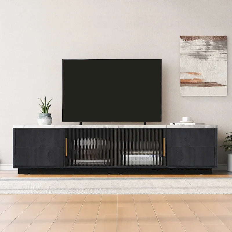 Meuble TV noir et blanc de 160 cm avec 4 tiroirs et grand placard pour téléviseurs jusqu'à 70 pouces