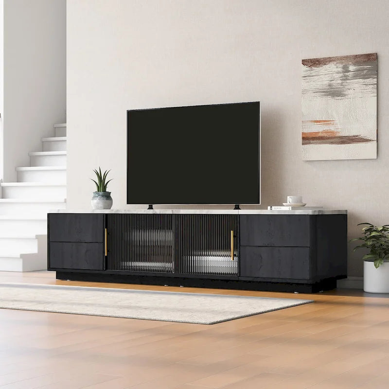 Meuble TV noir et blanc de 160 cm avec 4 tiroirs et grand placard pour téléviseurs jusqu'à 70 pouces