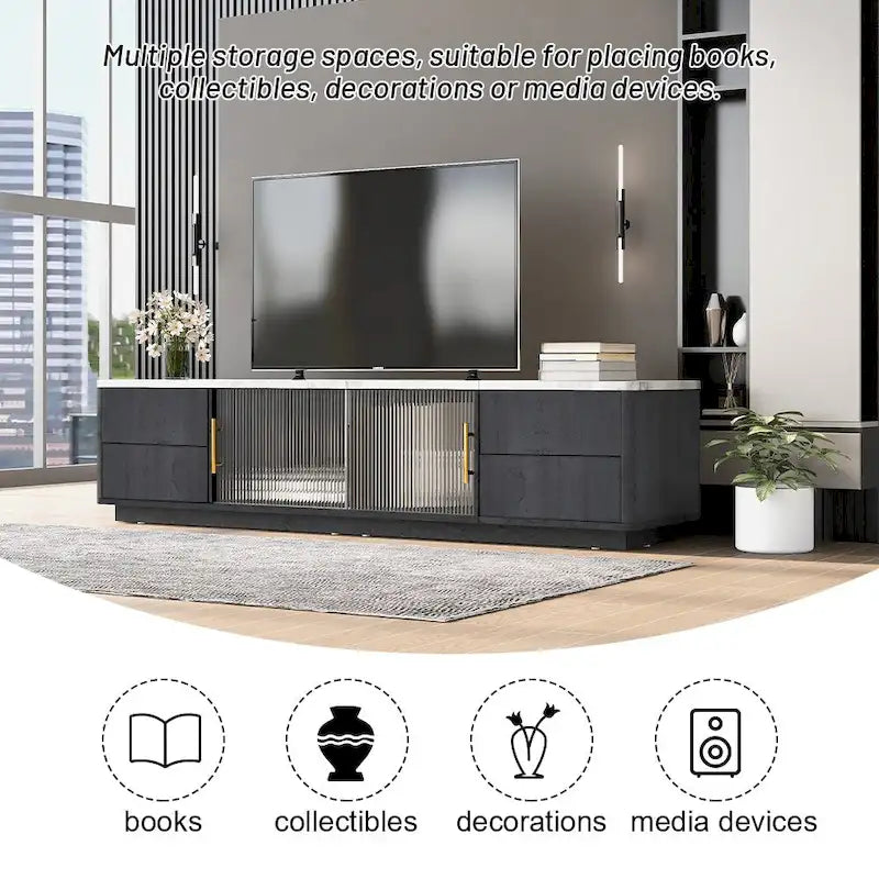 Meuble TV noir et blanc de 160 cm avec 4 tiroirs et grand placard pour téléviseurs jusqu'à 70 pouces
