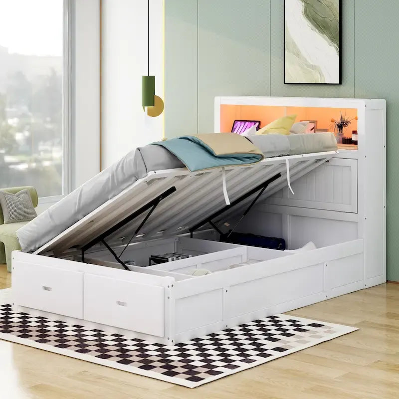Lit double en bois blanc avec tête de lit de rangement LED, station de recharge et 2 tiroirs