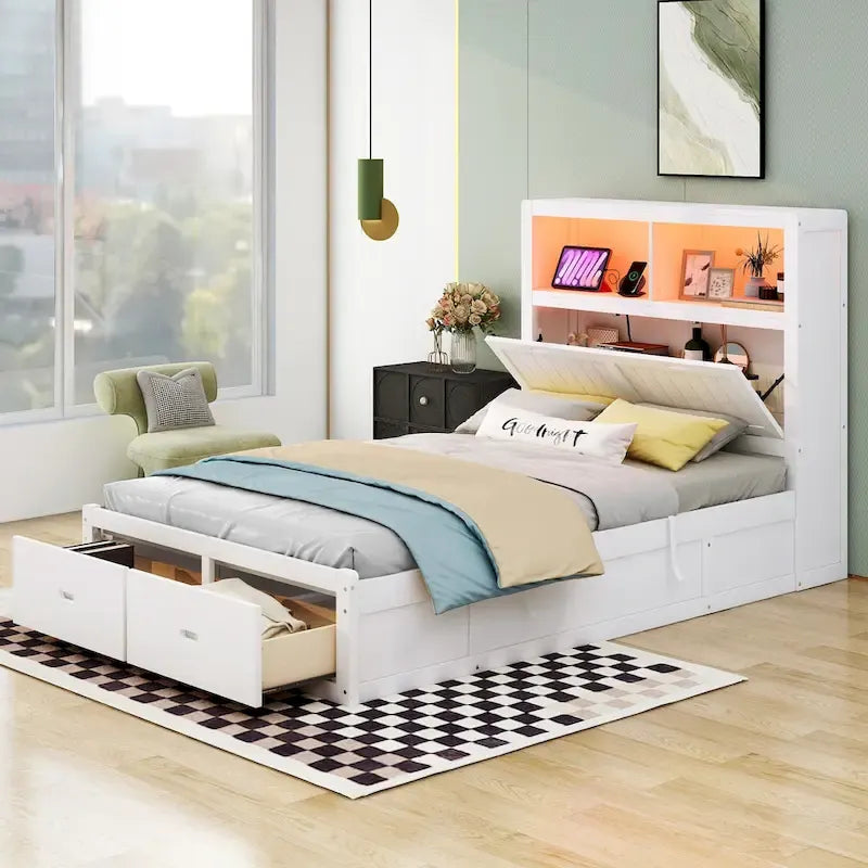Lit double en bois blanc avec tête de lit de rangement LED, station de recharge et 2 tiroirs