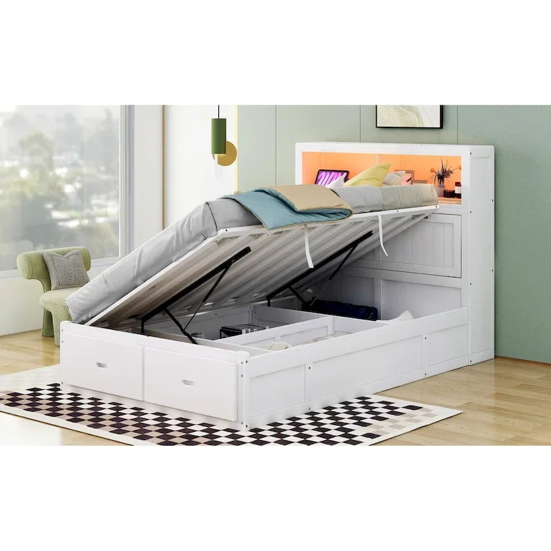 Lit double en bois blanc avec tête de lit de rangement LED, station de recharge et 2 tiroirs