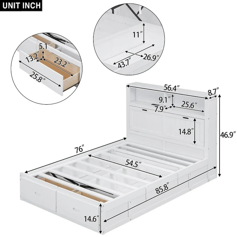 Lit double en bois blanc avec tête de lit de rangement LED, station de recharge et 2 tiroirs