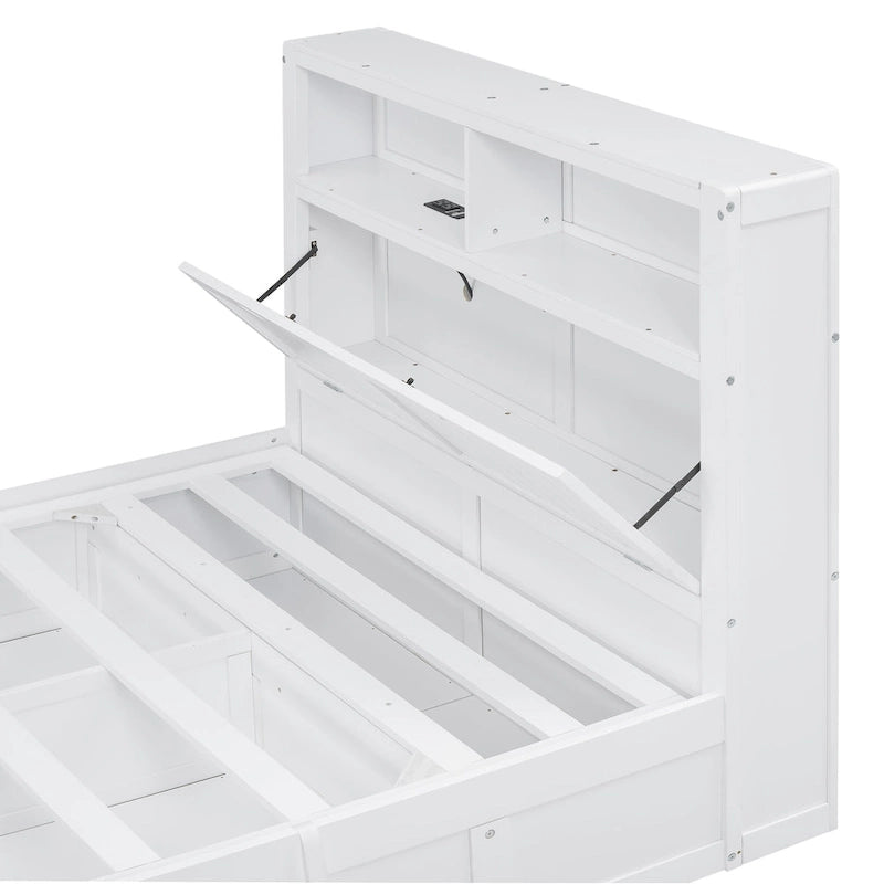 Lit double en bois blanc avec tête de lit de rangement LED, station de recharge et 2 tiroirs