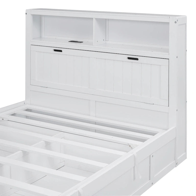 Lit double en bois blanc avec tête de lit de rangement LED, station de recharge et 2 tiroirs