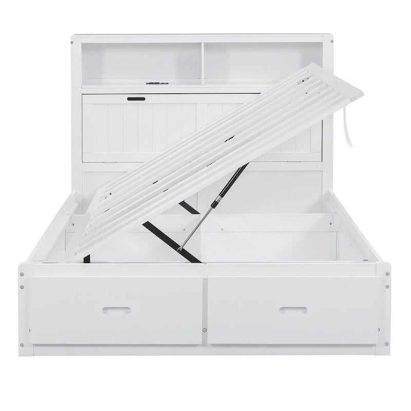 Lit double en bois blanc avec tête de lit de rangement LED, station de recharge et 2 tiroirs