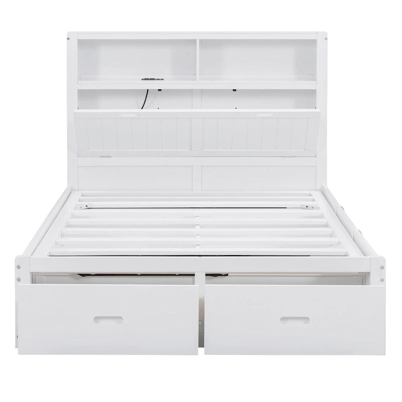 Lit double en bois blanc avec tête de lit de rangement LED, station de recharge et 2 tiroirs