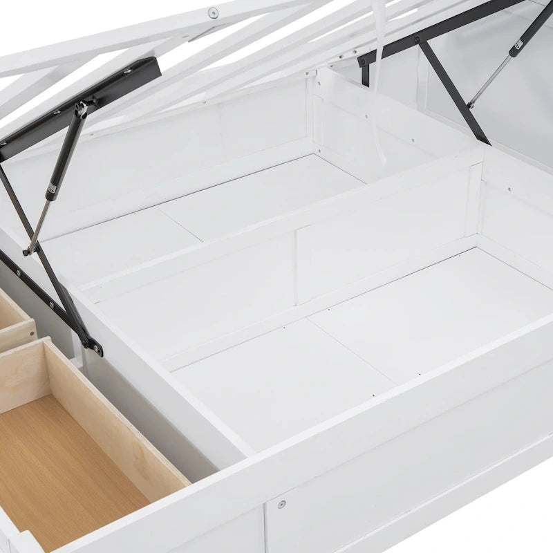 Lit double en bois blanc avec tête de lit de rangement LED, station de recharge et 2 tiroirs