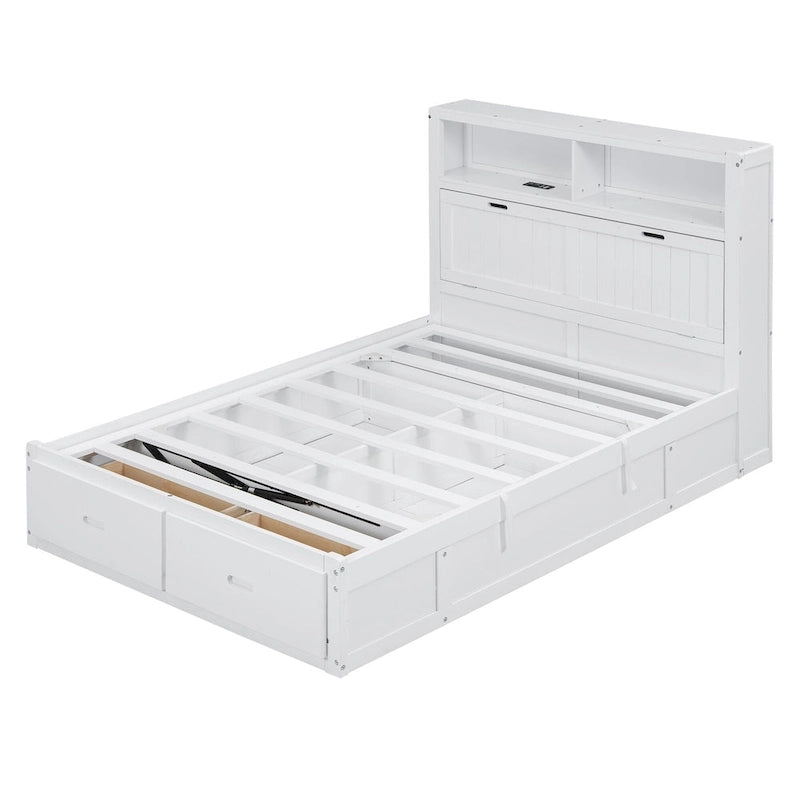Lit double en bois blanc avec tête de lit de rangement LED, station de recharge et 2 tiroirs