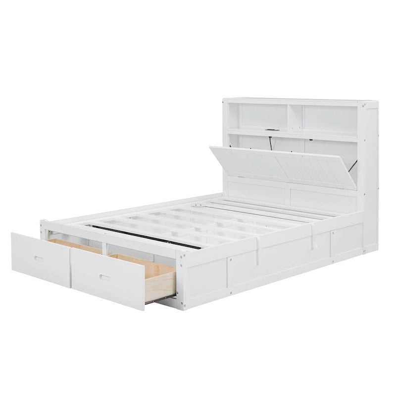 Lit double en bois blanc avec tête de lit de rangement LED, station de recharge et 2 tiroirs