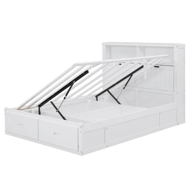 Lit double en bois blanc avec tête de lit de rangement LED, station de recharge et 2 tiroirs