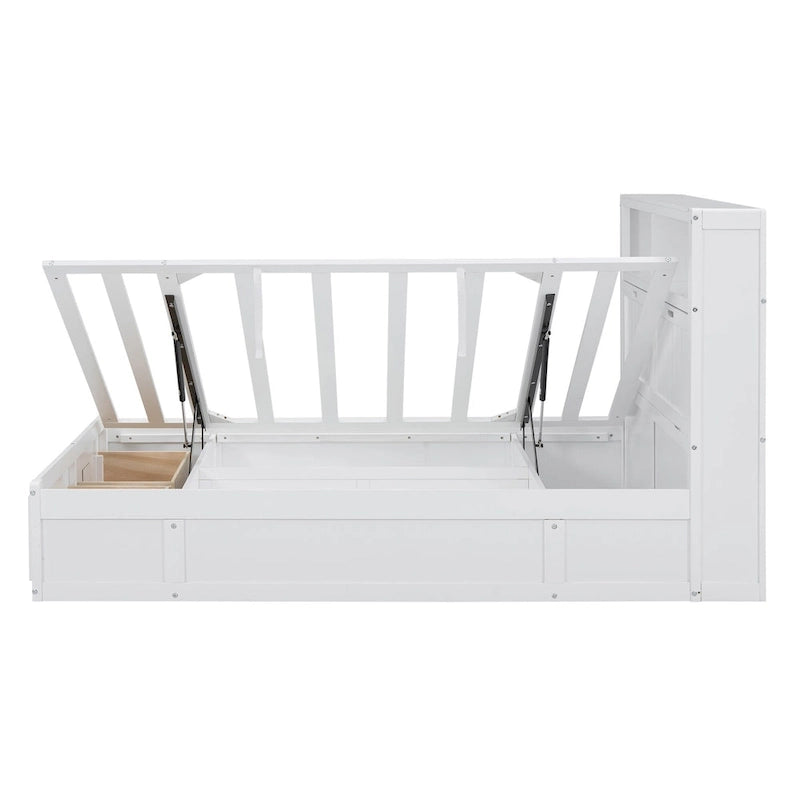 Lit double en bois blanc avec tête de lit de rangement LED, station de recharge et 2 tiroirs