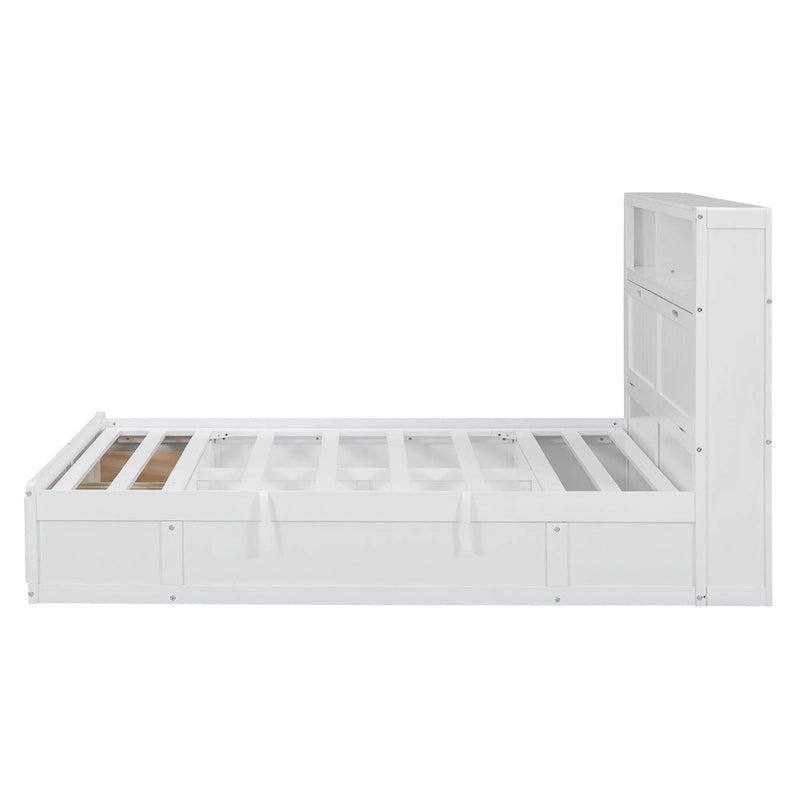 Lit double en bois blanc avec tête de lit de rangement LED, station de recharge et 2 tiroirs