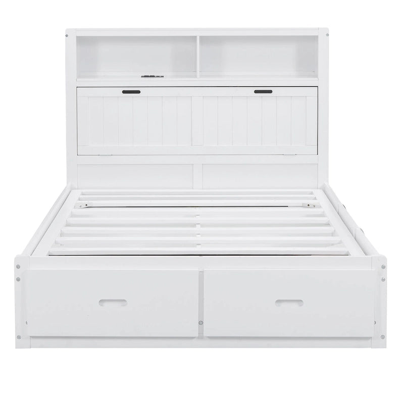 Lit double en bois blanc avec tête de lit de rangement LED, station de recharge et 2 tiroirs