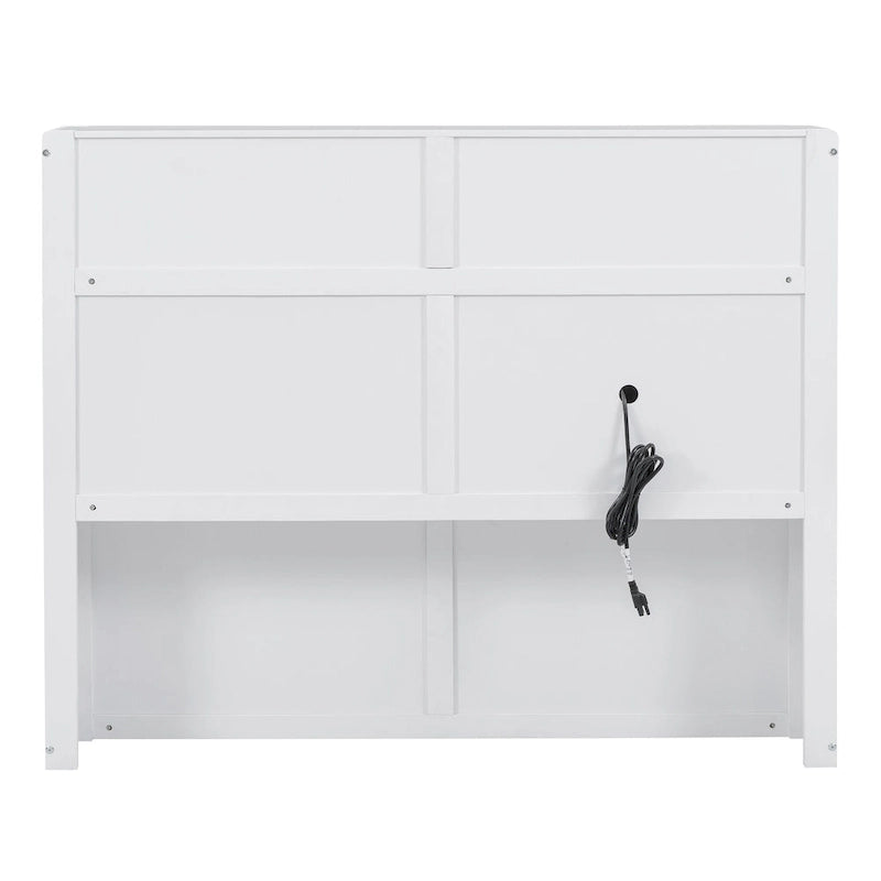 Lit double en bois blanc avec tête de lit de rangement LED, station de recharge et 2 tiroirs