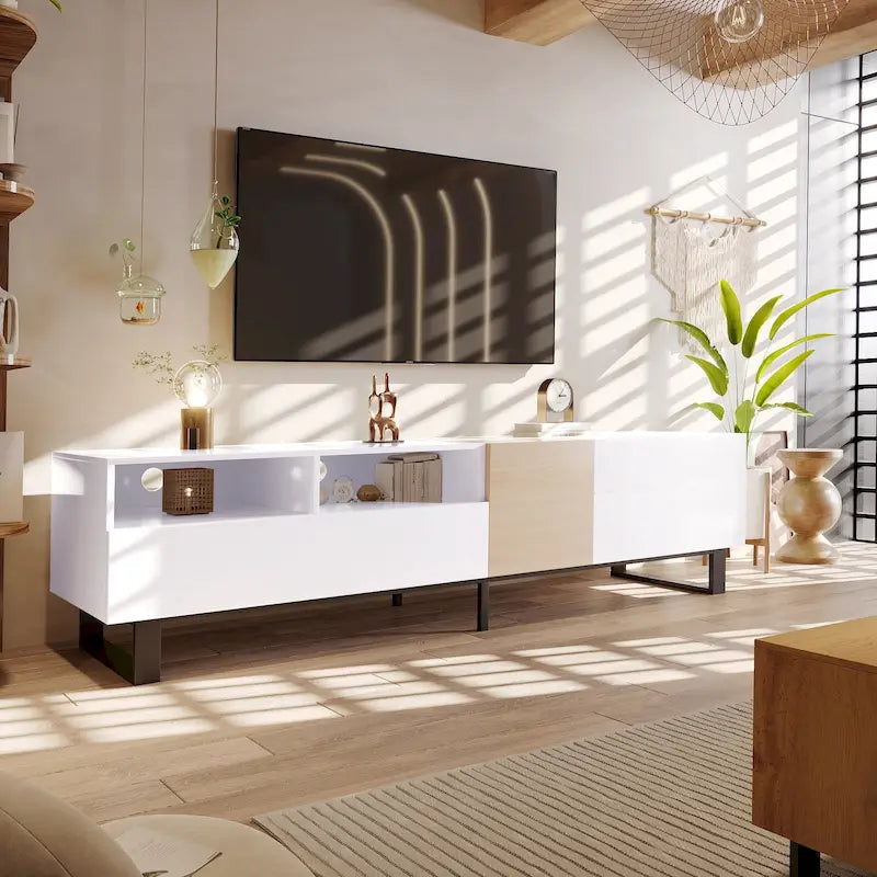 Meuble TV moderne pour téléviseur 80 pouces avec double espace de rangement