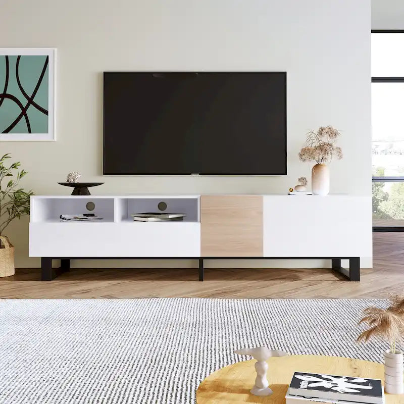 Meuble TV moderne pour téléviseur 80 pouces avec double espace de rangement