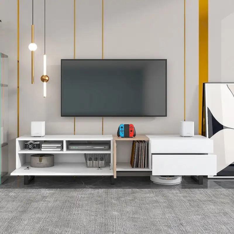 Meuble TV moderne pour téléviseur 80 pouces avec double espace de rangement
